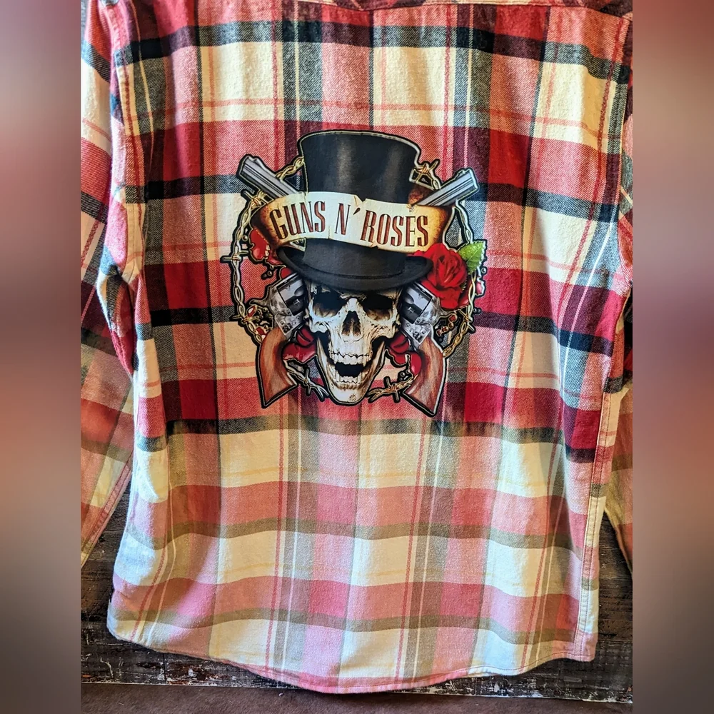 Upcycled Handcrafted Dip Dyed Bleached Flannel Shirt With Guns N Roses - Picture 3 of 13